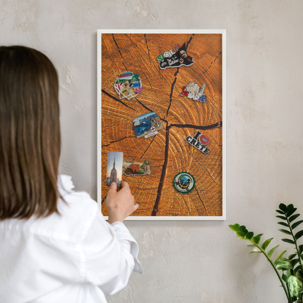 Magnetic board for travel magnets in a white frame Wood grain
