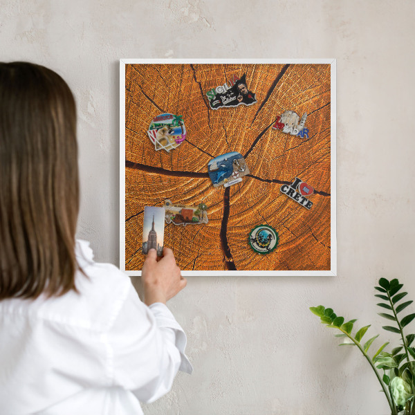 Magnetic board for travel magnets in a white frame Wood grain