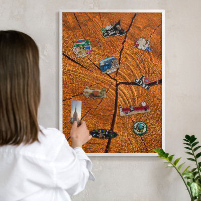 Magnetic board for travel magnets in a white frame Wood grain