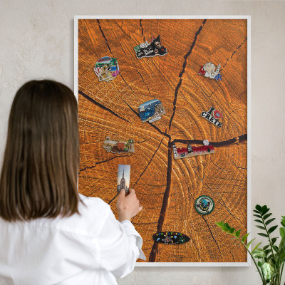 Magnetic board for travel magnets in a white frame Wood grain