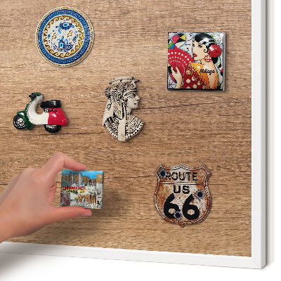 Magnetic board for travel magnets in a white frame Wood texture