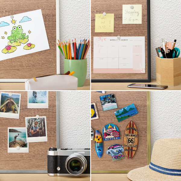 Magnetic board for travel magnets in a white frame Wood texture
