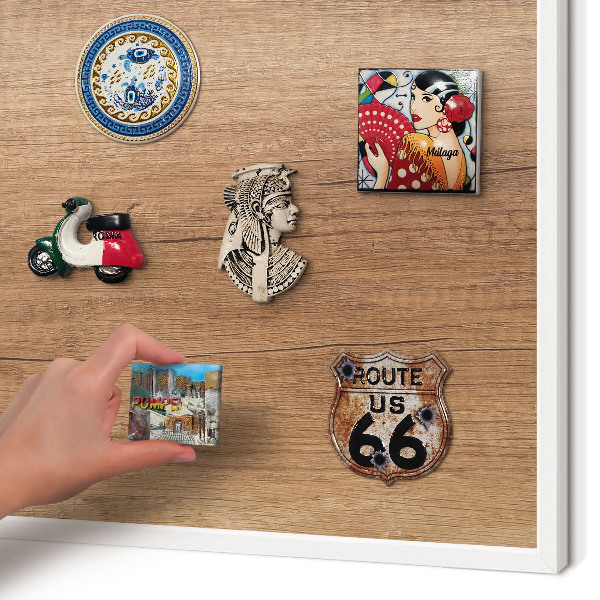 Magnetic board for travel magnets in a white frame Wood texture