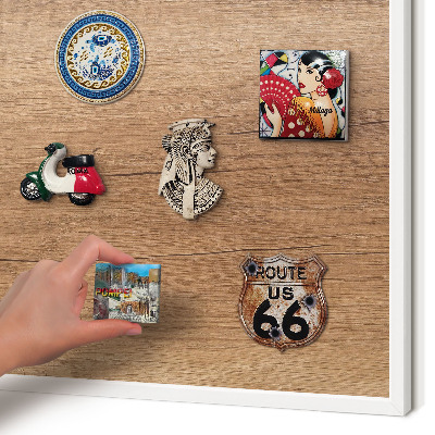 Magnetic board for travel magnets in a white frame Wood texture