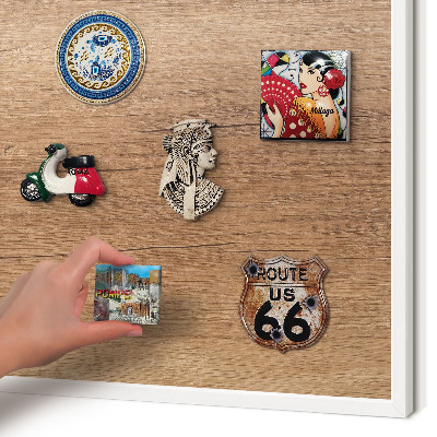Magnetic board for travel magnets in a white frame Wood texture