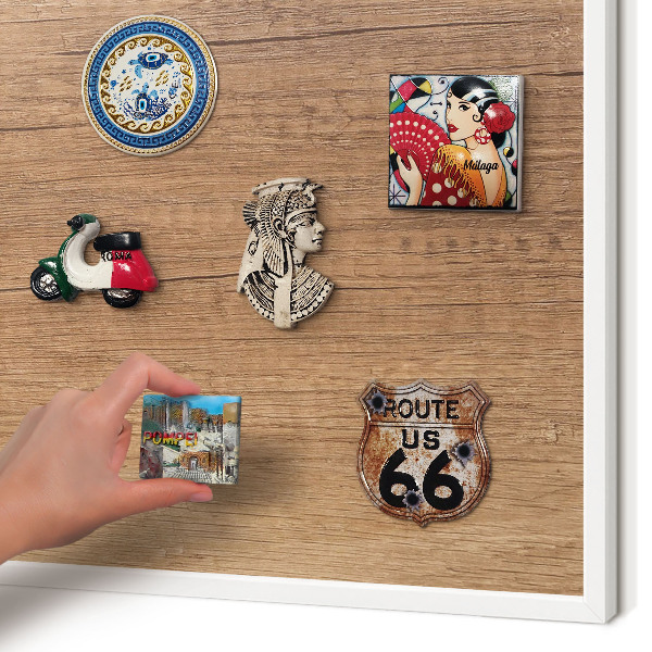 Magnetic board for travel magnets in a white frame Wood texture