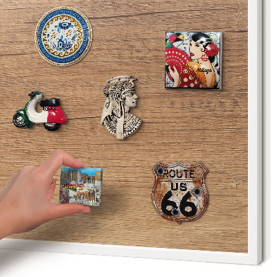 Magnetic board for travel magnets in a white frame Wood texture