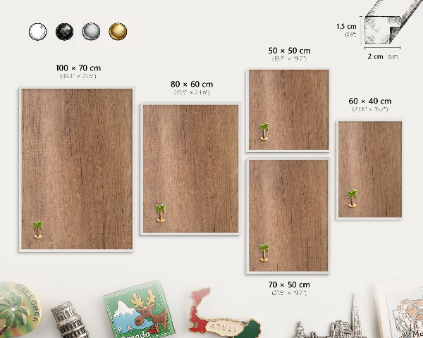 Magnetic board for travel magnets in a white frame Wood texture