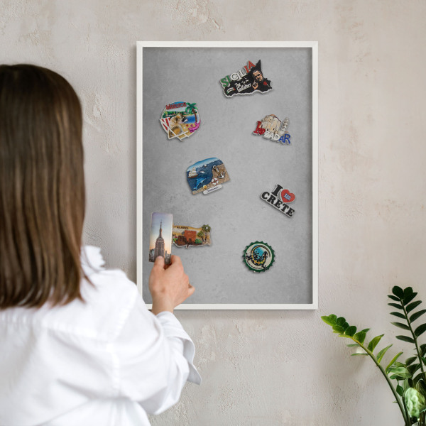 Magnetic board for travel magnets in a white frame Silver fog