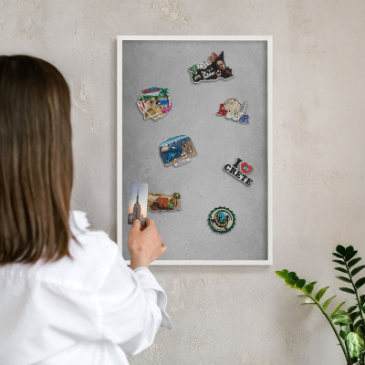 Magnetic board for travel magnets in a white frame Silver fog