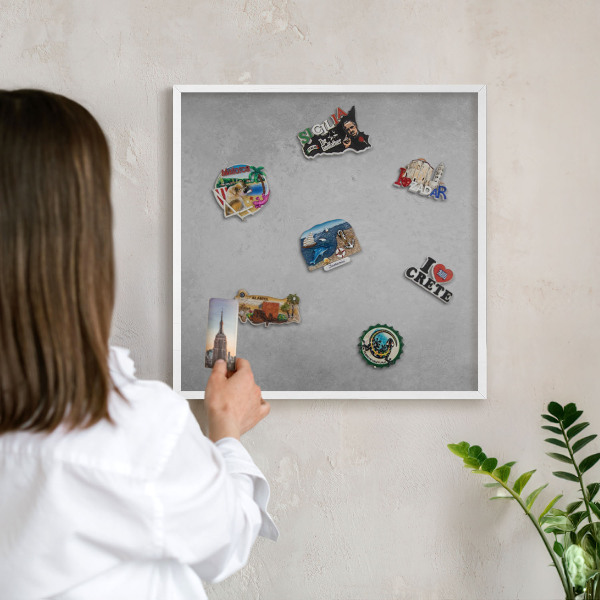 Magnetic board for travel magnets in a white frame Silver fog