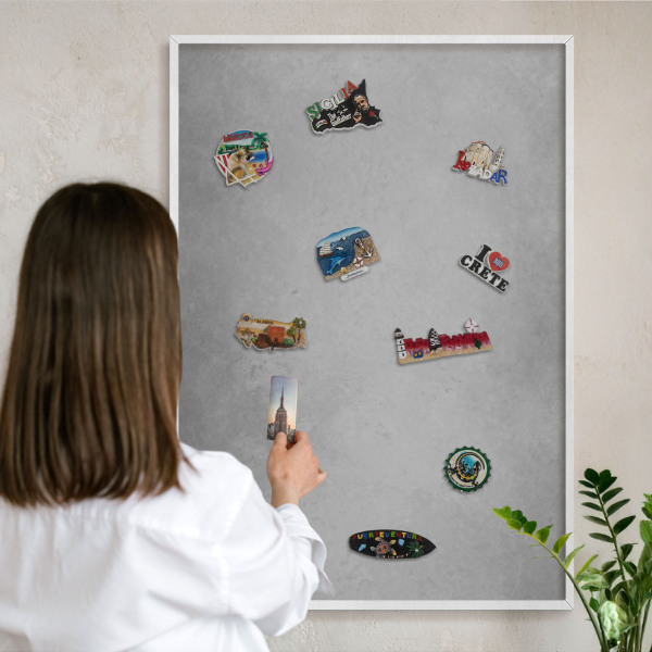 Magnetic board for travel magnets in a white frame Silver fog