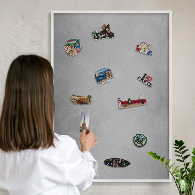 Magnetic board for travel magnets in a white frame Silver fog