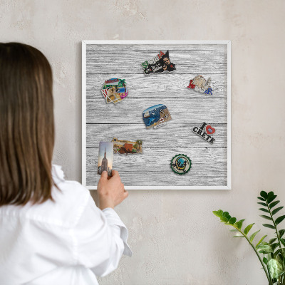 Decorative magnet board with a white frame Wooden texture