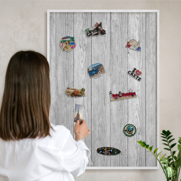 Decorative magnet board with a white frame Wooden texture