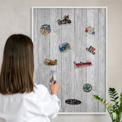 Decorative magnet board with a white frame Wooden texture