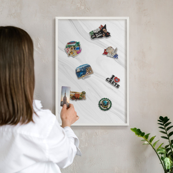 Magnetic board for travel magnets in a white frame Subtle marble