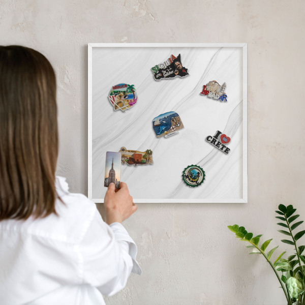 Magnetic board for travel magnets in a white frame Subtle marble