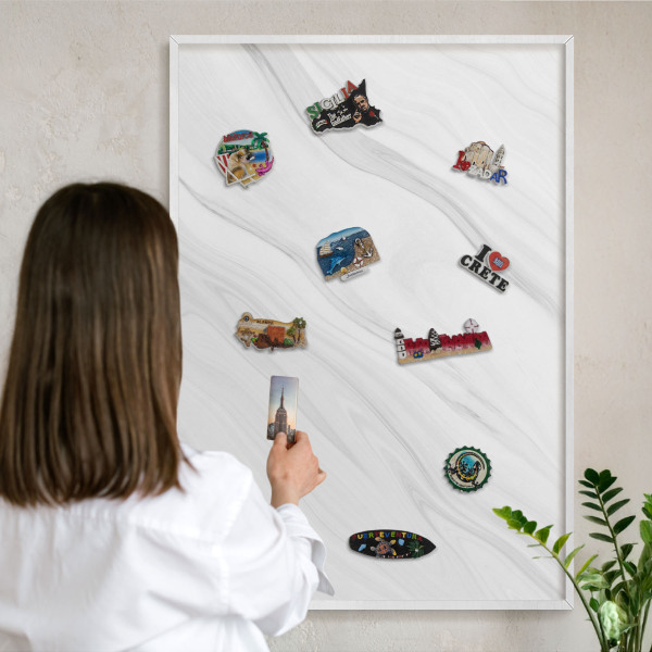 Magnetic board for travel magnets in a white frame Subtle marble