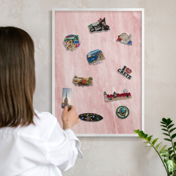 Decorative magnet board with a white frame Pink texture