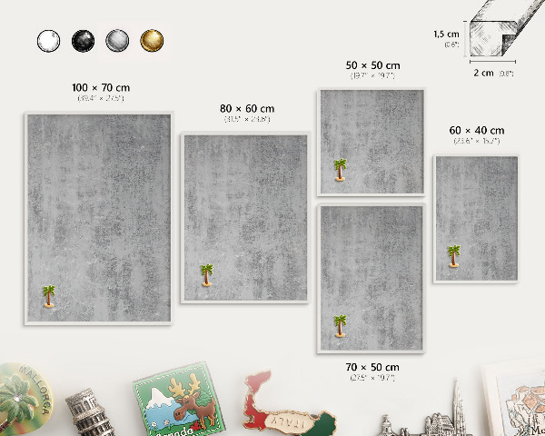 Magnetic board for travel magnets in a white frame Gray surface