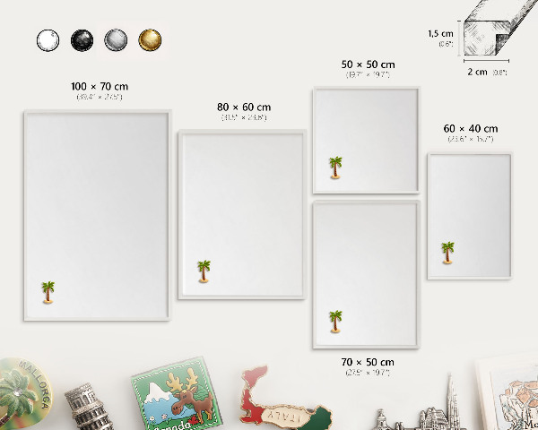 Magnetic board for travel magnets in a white frame Pure white