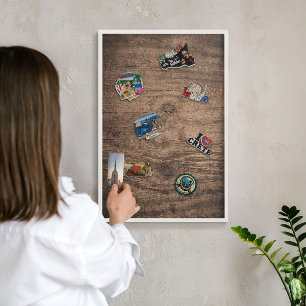 Decorative magnet board with a white frame Wooden texture