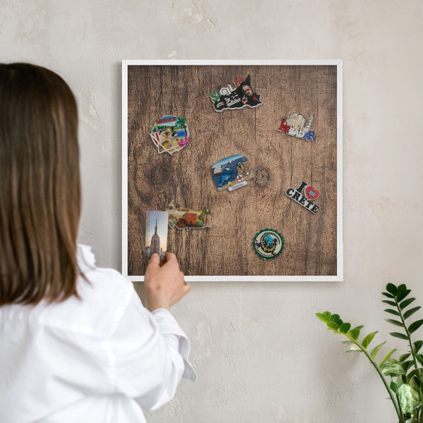 Decorative magnet board with a white frame Wooden texture