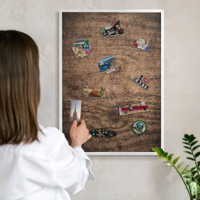 Decorative magnet board with a white frame Wooden texture