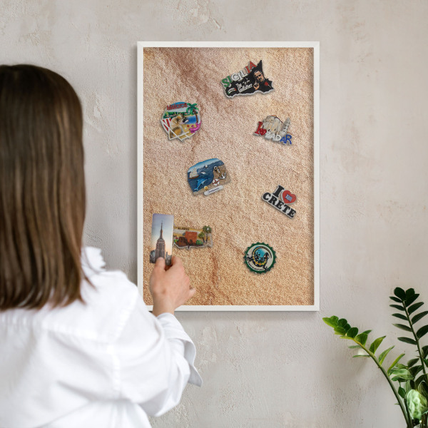 Magnetic board for travel magnets in a white frame Stone texture