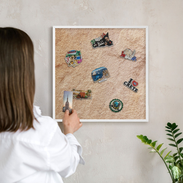 Magnetic board for travel magnets in a white frame Stone texture