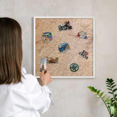 Magnetic board for travel magnets in a white frame Stone texture