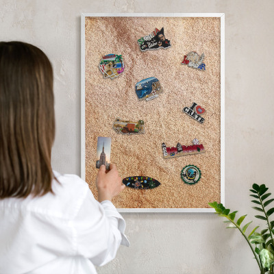Magnetic board for travel magnets in a white frame Stone texture