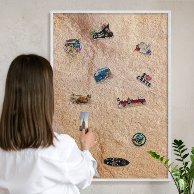 Magnetic board for travel magnets in a white frame Stone texture