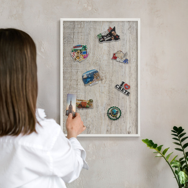 Decorative magnet board with a white frame Wooden texture