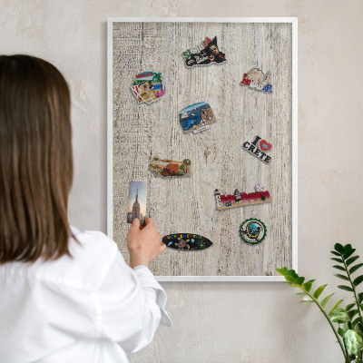 Decorative magnet board with a white frame Wooden texture