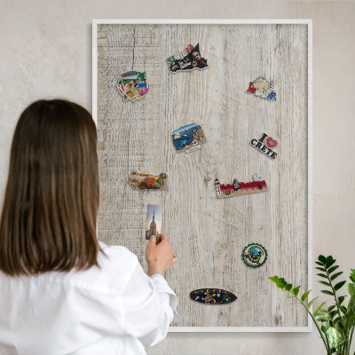 Decorative magnet board with a white frame Wooden texture