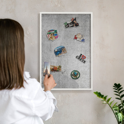 Magnetic board for travel magnets in a white frame Concrete minimalism