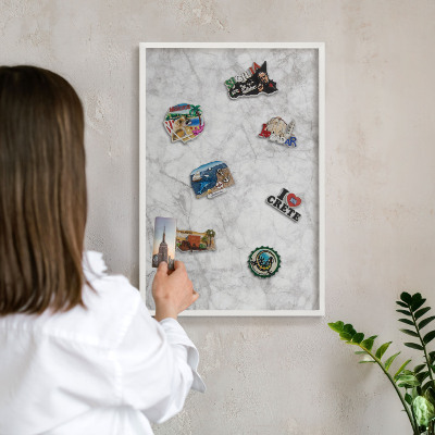 Decorative magnet board with a white frame Gray marble