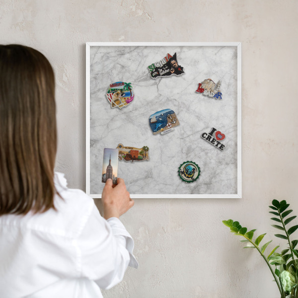 Decorative magnet board with a white frame Gray marble