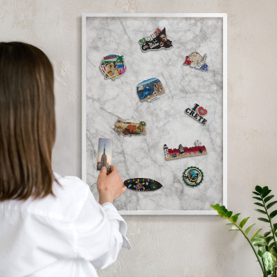 Decorative magnet board with a white frame Gray marble