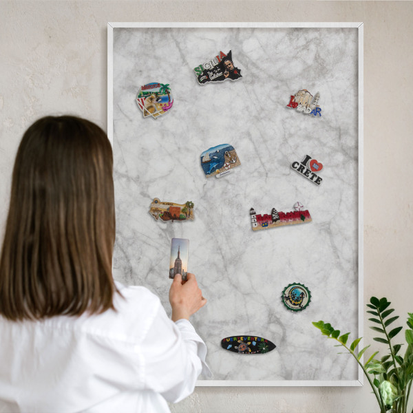 Decorative magnet board with a white frame Gray marble