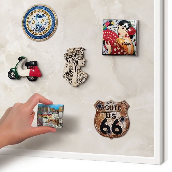 Magnetic board for travel magnets in a white frame Beige marble