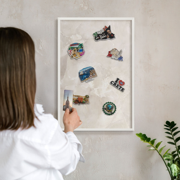 Magnetic board for travel magnets in a white frame Beige marble
