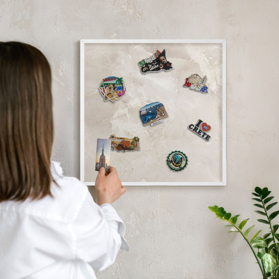 Magnetic board for travel magnets in a white frame Beige marble