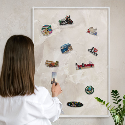 Magnetic board for travel magnets in a white frame Beige marble
