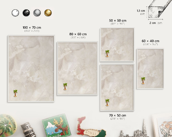 Magnetic board for travel magnets in a white frame Beige marble