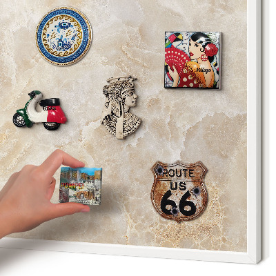 Magnetic board for travel magnets in a white frame Cream marble