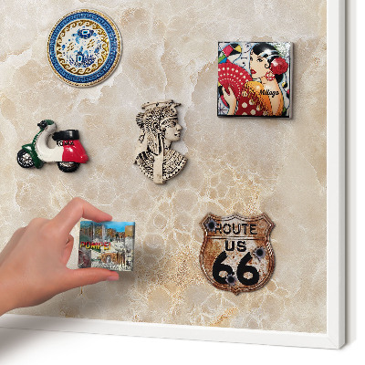 Magnetic board for travel magnets in a white frame Cream marble