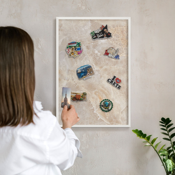 Magnetic board for travel magnets in a white frame Cream marble